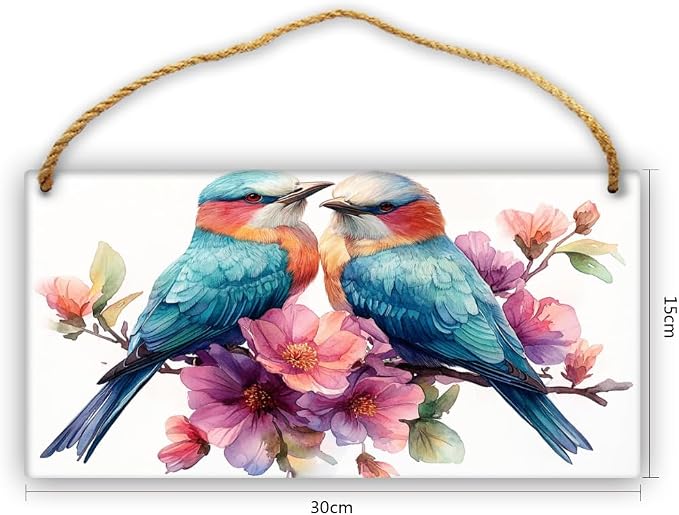 Colorful Avian & Floral Wooden Sign, 12x6 Inch Artistic Wood Decors for Bird Admirers & Whimsical Home Fans, Ideal for Living Room Focal Points & Nature-Inspired Design