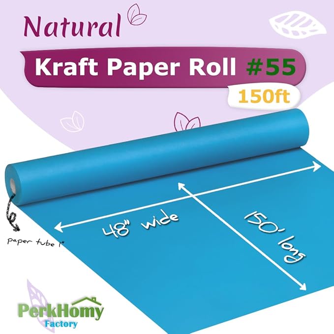 PerkHomy Lake Blue Kraft Paper Roll 48" x 1,800" (150') for Gift Wrapping Bouquet Flower Art Painting Craft Writing Packaging Shipping 80GSM 55LB (Lake Blue, 48" x 150')
