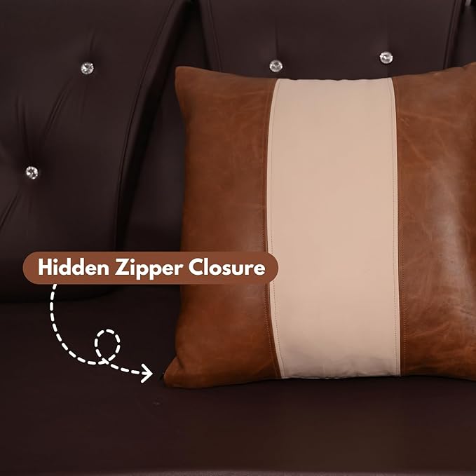 D DOLLY LAMB Lambskin Leather Pillow Cover - Sofa Cushion Case - Decorative Throw Covers for Living Room & Bedroom, 16x16 Inches - Tan & Off - White Plain