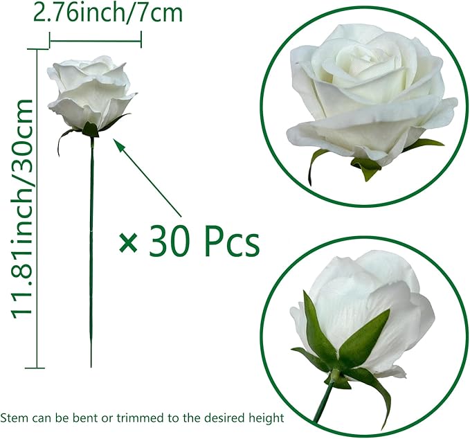 FagusHome 30 Pcs Silk Rose Artificial Flowers Roses Bulk Bouquet Fake Flowers Rose Heads with Stems for Home Wedding Decor (White)