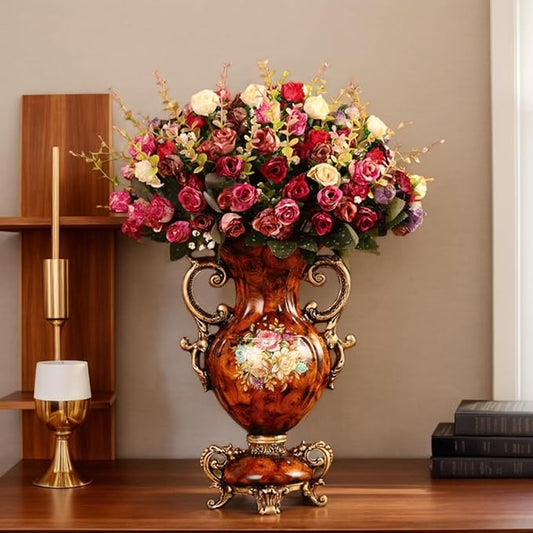 European Golden Resin Vintage Vase Set with Artificial Flowers, Retro Fake Floral Arrangement for Wedding Party Home Table Decor Centerpiece