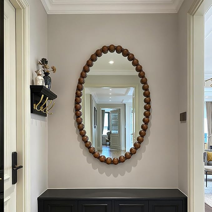 Oval Wall Mirror with Beaded Frame, 81x52cm Boho Wooden Vanity Mirror, for Bathroom, Entryway, Hallway, Living Room