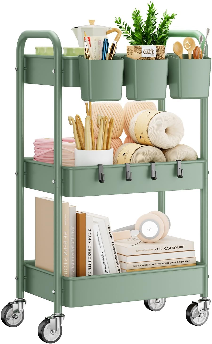 YASONIC 3-Tier Rolling Cart - Green Mesh Storage Organizer with Lockable Wheels & Hooks | 66 lbs Capacity