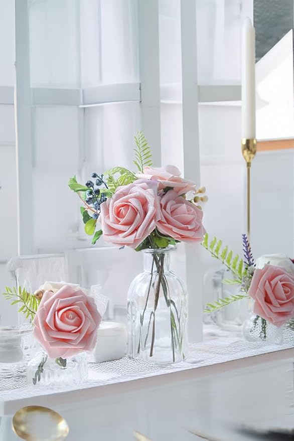 Blush Pink Artificial Roses 25pcs, Real Looking Fake Flowers with Stems for DIY Wedding Centerpieces, Bridal Shower, Party, Valentine's Day Gift, Home Decor
