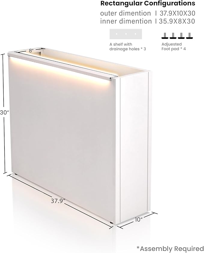 GSK White Metal Planter Box with LED Light Galvanized Versatile Rectagular Light Up Plant Trough Durable Indoor Outdoor Flower Container Porch Patio Tarrace Balcony Garden Home Office Commerical