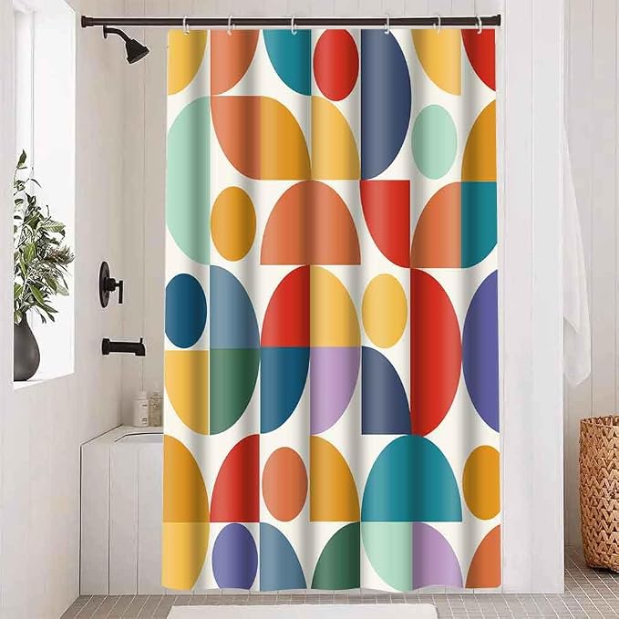 Vintage Colorful Rainbow Mid Century Shower Curtain Modern Abstract Geometric Art Bathroom Curtain Decor 48x72 Inch Washable Fabric Bright Retro Boho Circle Patterned Bath Curtain with 8 Hooks
