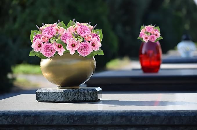 Hollyone Set of 2 Artificial Cemetery Flower for Graves Cemetery Memorial Flowers for Outdoor Grave Decorations Silk Flower Arrangements Pink Chrysanthemum Rose Floral Flowers Bouquets