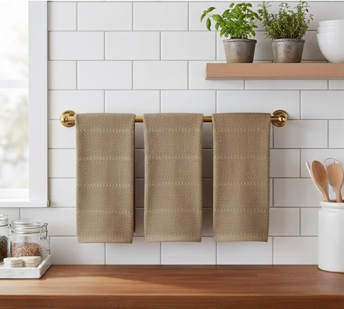 Mocha Light Brown Tan Kitchen Hand Dish Towels: Oversized 28" x 18",100% Cotton Cloth Soft Cleaning Drying Absorbent Textured Design, Set of 3 Multipurpose for Everyday Use (Toasted Coconut)