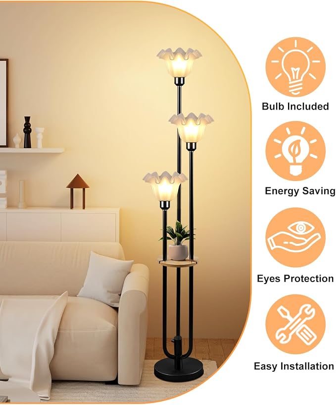 Vintage Flower Floor Lamp for Living Room, Mid Century Modern Floor Lamp Dimmable with Shelf & LED Bulbs, 3 Light 3000K Warmwhite Black Tall Standing Lamp for Bedroom Girls Room Home Decor
