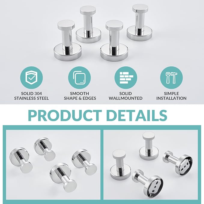 APLusee Polished Chrome Hand Towel Hook, 4 Pack 304 Stainless Steel Storage Coat Hook for Toilet Bathroom Kitchen, Home Accessories Wall Mounted