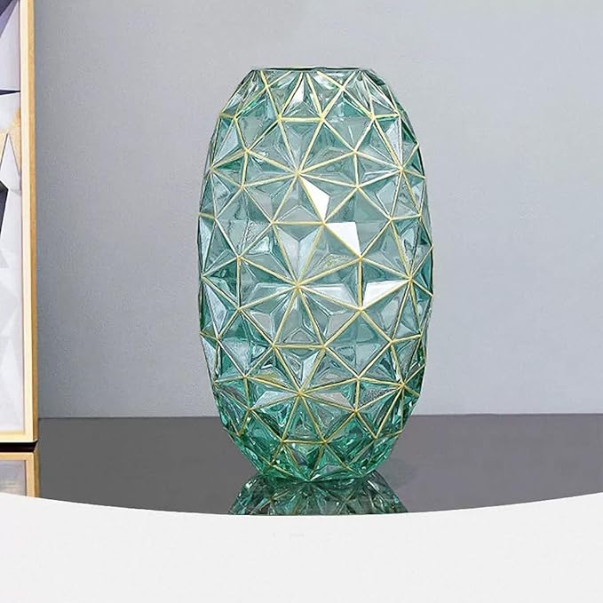 Hand Painted Gold and Green Diamond Shaped Glass Crystal Vase 13.6 inch Tall (Hand Painted Gold and Green)