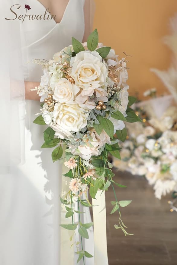Serwalin 9.8 Inch Wedding Bouquets for Bride Bridesmaid, Champagne Rose Bridal Bouquets for Bride, Wedding Flowers Bouquet Tossing Bouquet, Wedding Ceremony and Anniversary Day Decoration