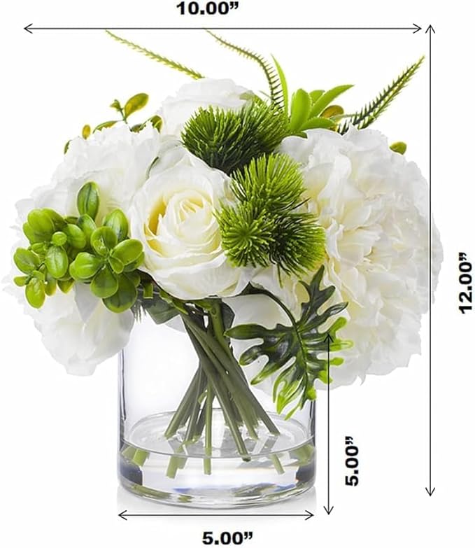 ENOVA FLORAL Artificial Rose Flowers in Vase, Mixed White Rose and Silk Peonies in Vase with Faux Water for Dining Table Centerpieces, Home Decor Indoor (FL-20-Cream)