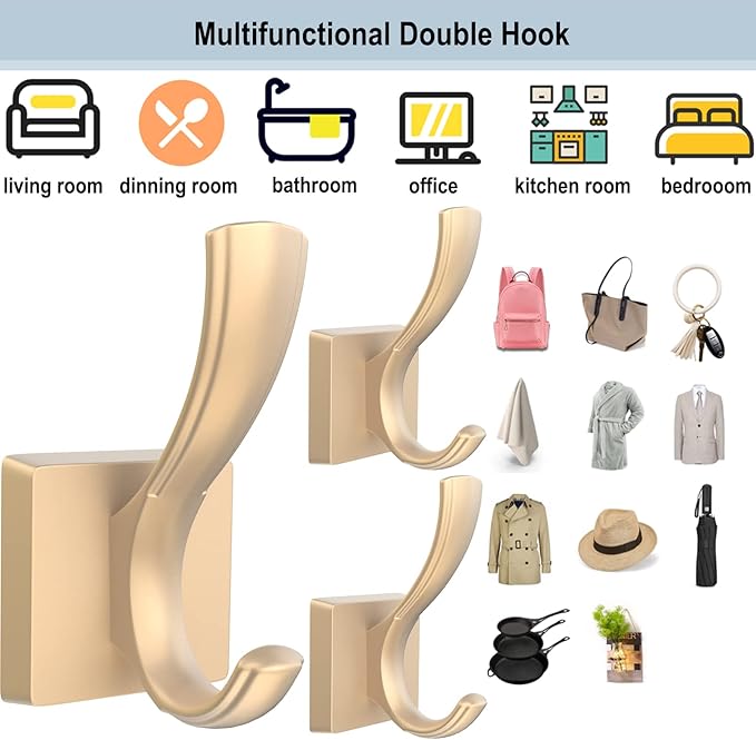 TOFIIGREM Gold Hooks for Wall, Heavy Duty Thick Aluminum Alloy Entry Coat Hooks for Hanging Key Robe Hat Backpack, Wall Mount Holder Bathroom Kitchen Garage(4 Pack, Gold)