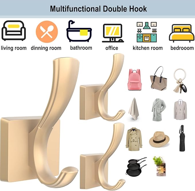 TOFIIGREM Gold Hooks for Wall Double Hooks, Heavy Duty Thick Bathroom Coat Hooks for Hanging Key Robe Hat Backpack, Wall Mount Hat Hooks Bath Towel Hooks(6 Pack, Gold)