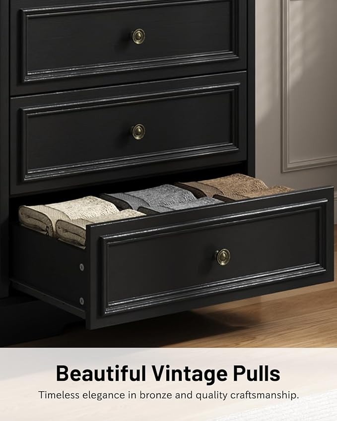 Black 5 Drawer Dresser for Bedroom, 44" Tall Dresser with Metal Handle, Modern Chest of Drawers for Closet Organizer, Farmhouse Wood Dressers for Bedroom, Living Room, Hallway