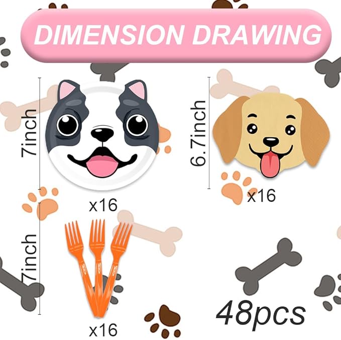 Generic 48Pcs Cute Dog Birthday Party Decorations Plates, Paper and Plastic Construction, Cartoon Style, Dog-Themed Party Supply Pack, Dinner Plates