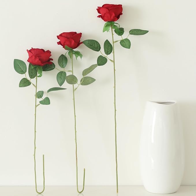 15Pcs Pearl Red Roses Artificial Flowers Fake Roses Long Stem Velet Rose Silk Flowers for Home Wedding Decoration (Pearl Roses,Deep Red)