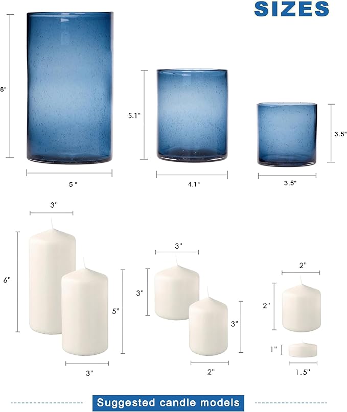 ARIAMOTION Blue Candle Holder for Pillar Tealights Modern Bubbles Glass Hurricane Cylinder Vases Table centerpieces Kitchen Island Dining Room Coffee Bar 8" 5" 3.5" Height Set 3