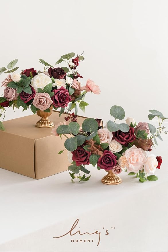 Ling's moment Wedding Centerpiece Flower with Vase for Ceremony/Reception Tabletop Mantel Archway Aisle, Set of 2 | Romantic Marsala