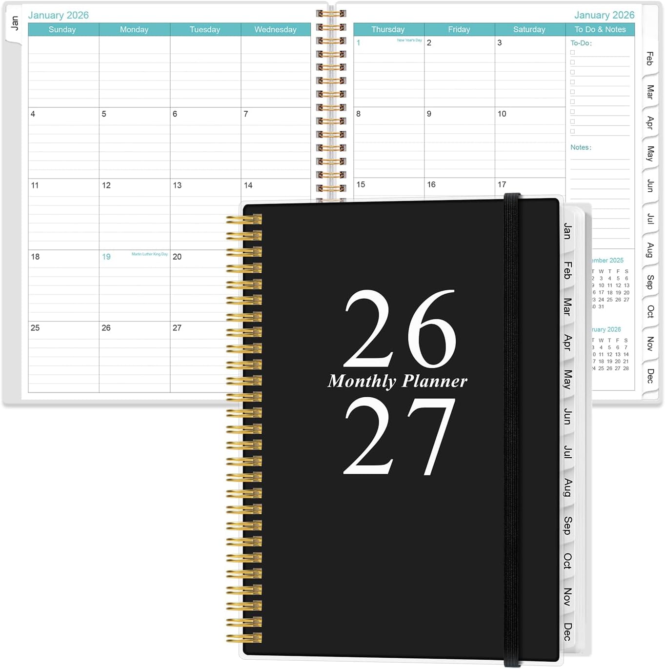 2026-2027 Monthly Planner | 18-Month Calendar with Tabs, 9" x 11", Strong Twin-Wire Binding, Black