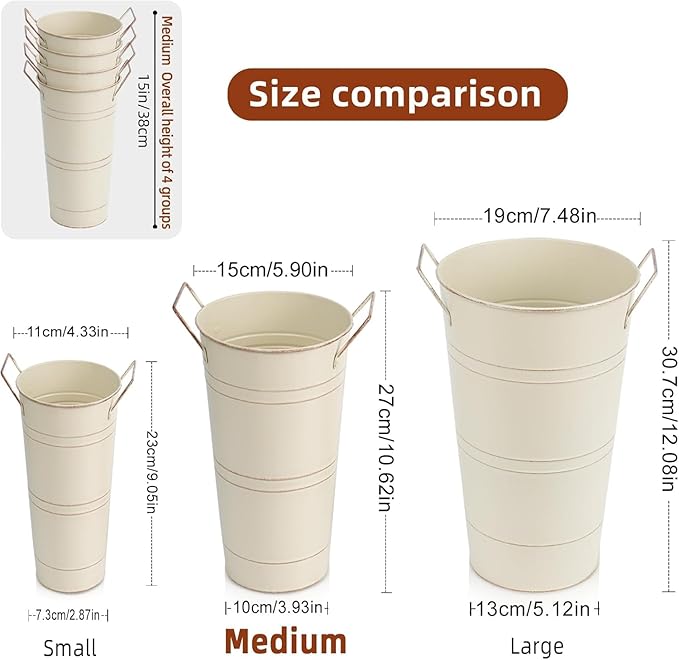 Notakia 10.62 Inch Galvanized Metal Vases Farmhouse French Flower Bucket Vases for Cut Flowers for Home Decor and Wedding Table Centerpiece Decorations (Medium Beige 8Pcs)