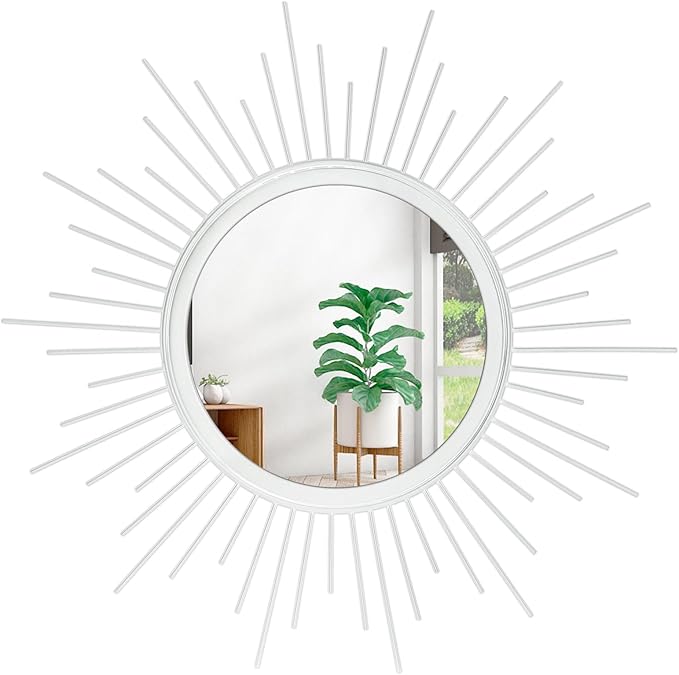 Sunburst Spoked White Large Wall Mirror Boho Home Circle Art Mirror Modern Metal Mirror for Wall Decorative Bathroom Bedroom Vanity Hallway Balcony Living room Entryway 20"