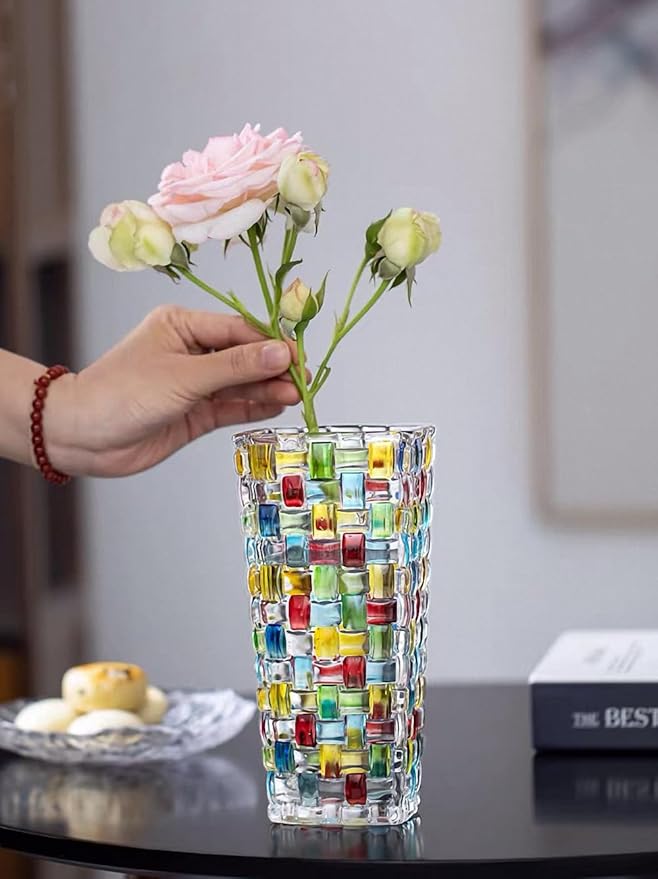 Magcolor Hand Painted Colorful Woven Glass Vase -Crystal Flower Vase- 7.7 inch, Glass Plant Vase for Floral Arrangements, Centerpieces, Weddings, Housewarming, Centerpiece Home Deco