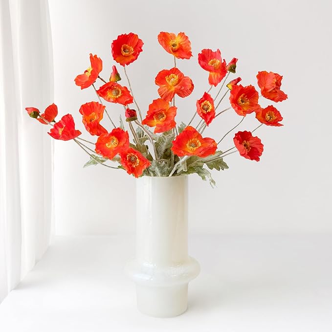 6PCS Dark Orange Poppy Flowers Artificial Silk Faux Poppies Bouquet with Long Stems for Outdoor Indoor Home Kitchen Halloween Fall Decor