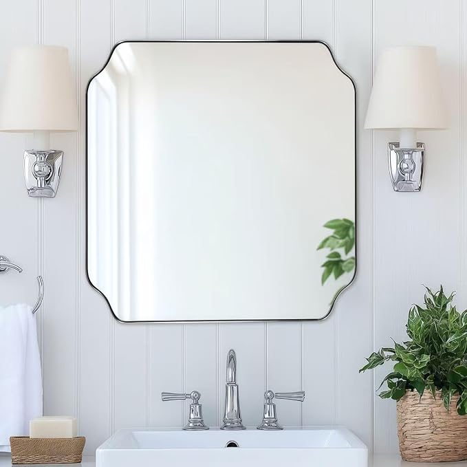 ANDY STAR 24"x24" Brushed Nickel Square Mirror, Silver Bathroom Mirror for Wall, Modern Scalloped Mirror in Anti-Rust Stainless Steel Frame, Styled Scalloped Edge Design Ideal for Home Decor