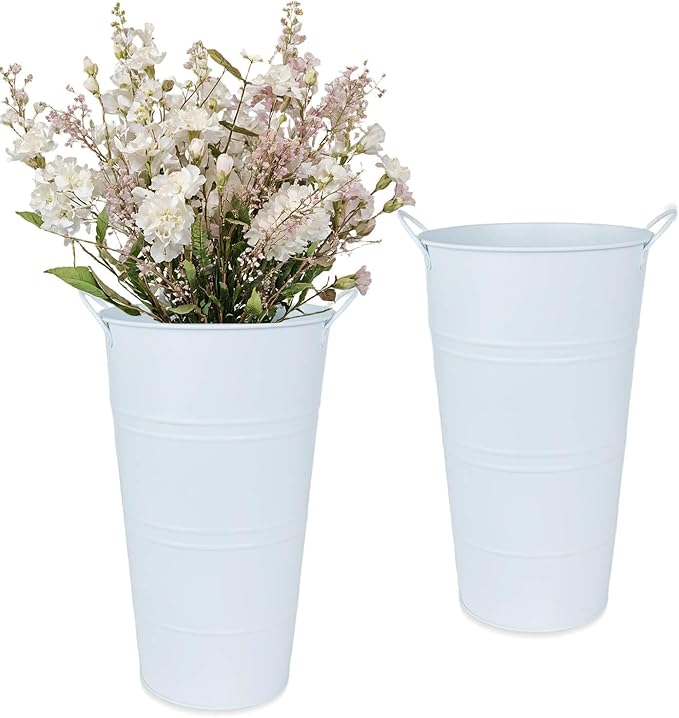 12 Inch Galvanized Metal Vases for Flowers - 2 Pcs Farmhouse Decorative Tall Flower Bucket with Handles, Rustic French Tin Planter Buckets for Wedding Decor (Pure White)