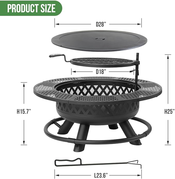 Panovue 42 Inch Outdoor Fire Pit with Grill, Large Firepit Table for Outside, Metal Round Firepits with Lid&Fire Poker,3 in 1 Wood Burning Fire Pits & Outdoor Fireplaces for Backyard,Patio(42'' Black)