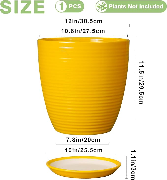 12 Inch Pots for Plants - Ceramic Planter for Indoor Plants Large Plant Pot with Drainage Hole and Saucer Round Outdoor Flower Pot for Garden Home Patio Office Yellow