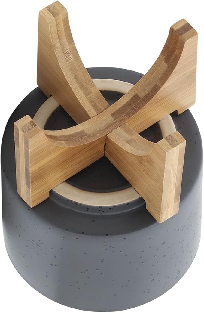 Ceramic Planter with Wood Stand - 5 Inch Matte Gray Unpatterned Indoor Flower Pot and Succulent Plant Pot with Drainage Hole, 1 Pack