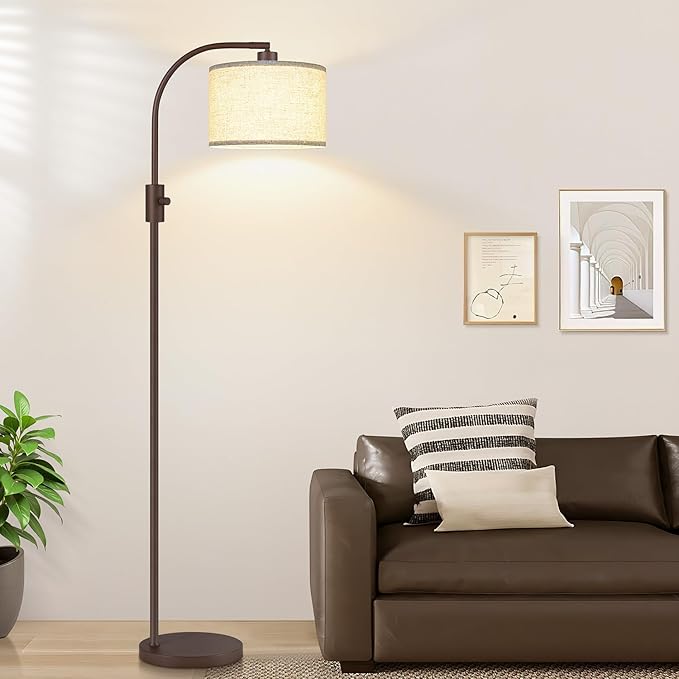 Nintiue Upgraded Modern Arc Dimmable Tall Standing Floor Lamp with Linen Shade, 1200 Lumens LED Bulb Included, for Living & Reading Room, Bedroom, Office & Nursery, Matte Brown