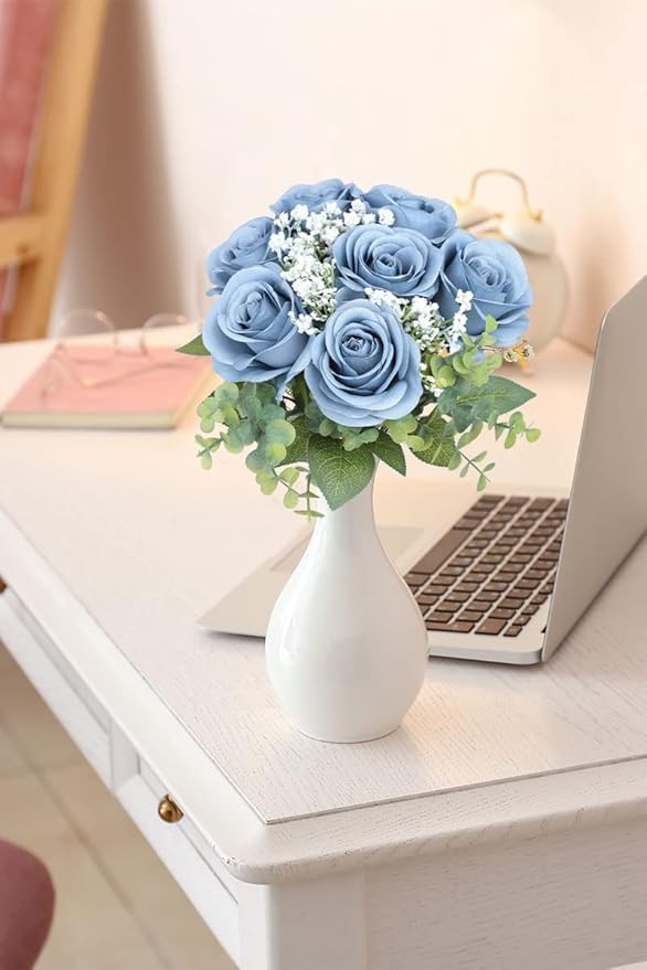 Artificial Rose Flower Artificial Flowers Flower with Long Stem Silk Roses Bouquet for Wedding Bridal Shower Party Home Decoration (Dusty Blue, 12 Pcs)