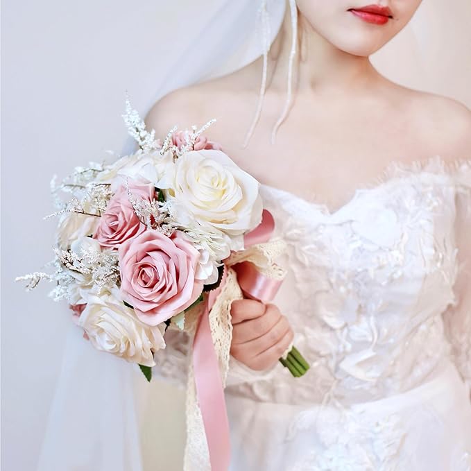 Dusty Pink Wedding Bouquets for Bride Bridesmaid,White Blush Pink Artificial Fake Silk Roses Flowers Bridal Bouquet for Wedding French Vintage Boho Rustic Church Decoration Toss Bouquet (8.6in(M))