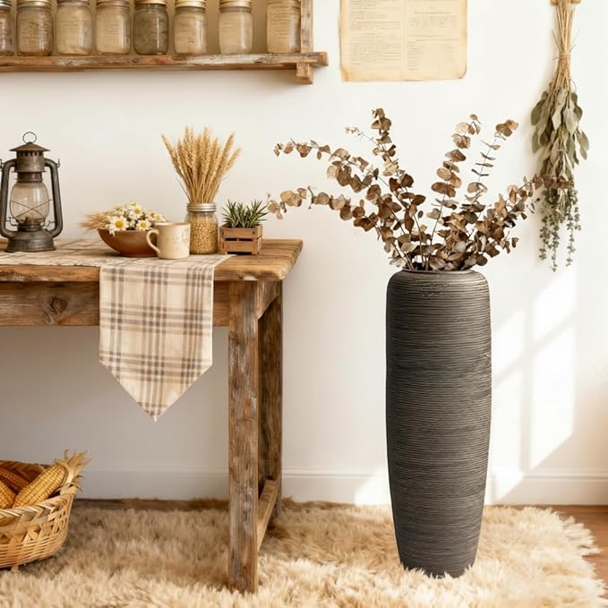 Vintage Ceramic Floor Vase – 23.6 Inch Distressed Glazed Oversized Floor Urn, Rustic Country Decor for Entryway, Living Room & Corner