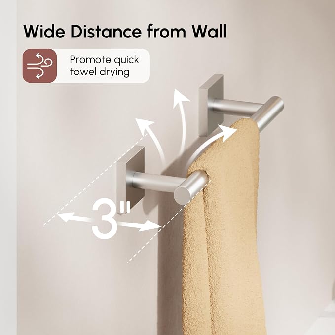 USHOWER Brushed Nickel Hand Towel Bar, 9 Inch Towel Racks for Bathroom Wall Mounted, 304 Stainless Steel Towel Holder with Square Base, Modern Home Decor (Total Length 11 Inch)