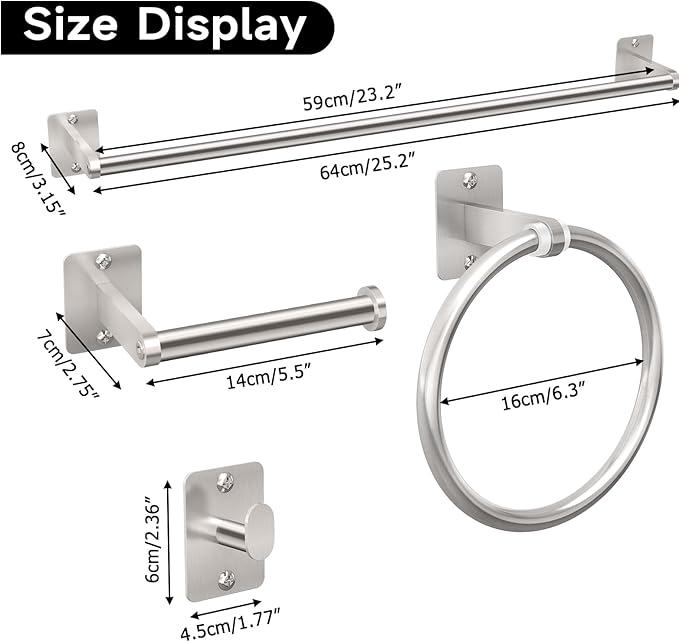 Brushed Nickel Bathroom Accessories Set, KLJKPA 4 Pieces Bathroom Hardware Set, 24 inch Towel Bar, Towel Racks for Bathroom, Robe Towel Hooks, Toilet Paper Holder Wall Mounted