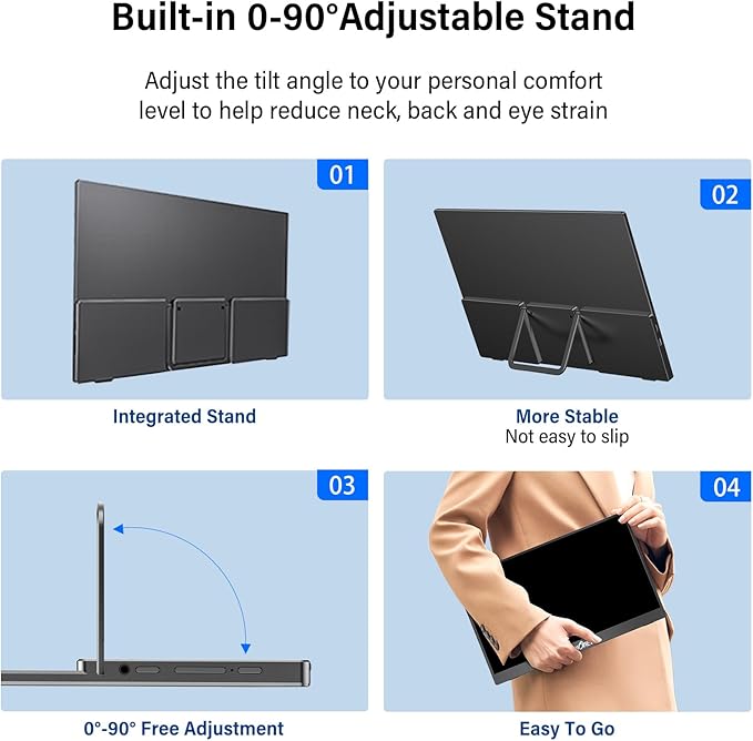 InnoView Portable Monitor 15.6" 1080P for Laptop with Protective Sleeve, Built-in 90° Adjustable Stand USB C HDMI Ultra-Slim Portable Laptop Monitor for MacBook Phone PS Xbox Switch