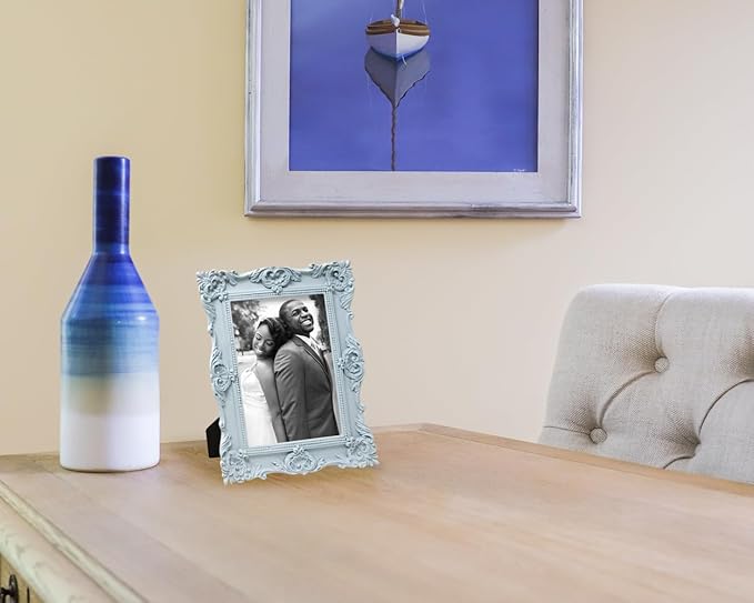 Laura Ashley 5x7 Powder Blue Ornate Textured Hand-Crafted Resin Picture Frame w/Easel & Hook for Tabletop & Wall Display, Decorative Floral Design Home Décor, Photo Gallery, Art (5x7, Powder Blue)