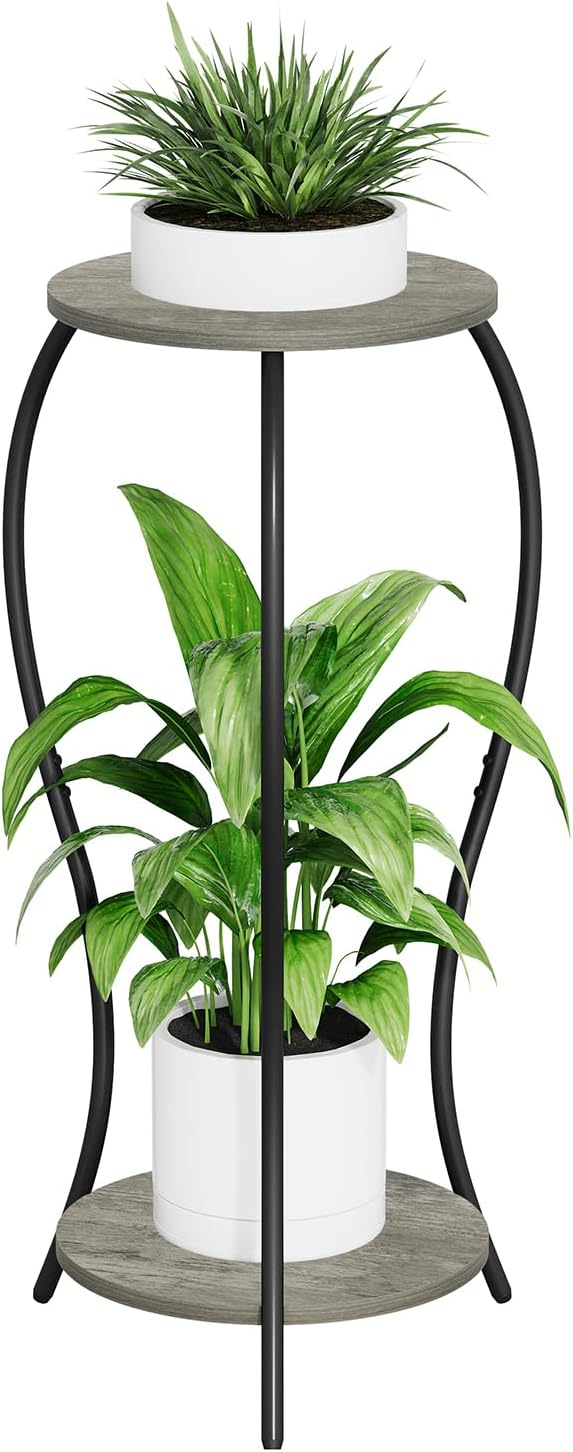 Plant Stand Indoor, 2 Tier Round Tall Plant Stand, Flower Pot Stand, Plant Shelf Rack, Corner Plant Stand for Planter Garden Balcony Patio Living Room, Grey