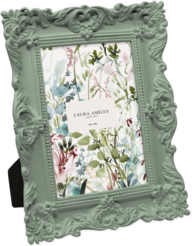 Laura Ashley 4x6 Matt Rosemary Ornate Textured Hand-Crafted Resin Picture Frame with Easel, for Tabletop & Wall Display, Decorative Floral Design Home Décor, Photo Gallery, Art (4x6, Matt Rosemary)