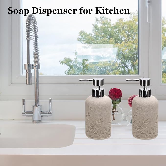 1pcs Hand Soap Dispenser Set, Sandstone Textured Resin Liquid Soap Dispenser for Bathroom Countertop, Heavy & Sturdy Dish Wash Soap Dispenser for Kitchen, Matte Beige