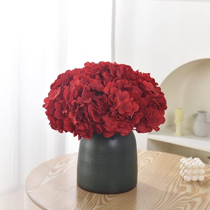10PCS Silk Hydrangea Heads with Stems Artificial Flowers for Wedding Party Home Decor (Red)