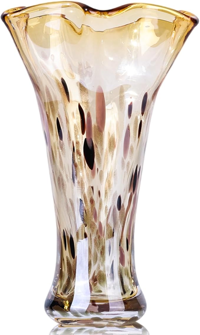 9.8" Tall Amber Hand Blown Glass Vases for Home Decor,Modern Wide Mouth Ruffle Flower Vase Table Centerpieces,Colored Coastal Sea Glass Art for Bookshelf,Bathroom,Counterto,Wedding