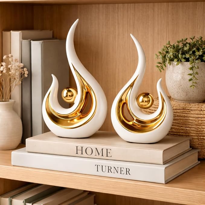 2Pcs Abstract Art Ceramic Statue, Modern White Gold Sculpture for Home Decor, Shelf Decorations Table Centerpiece for TV Stand, Console Table, Dining Room, Living Room, Office