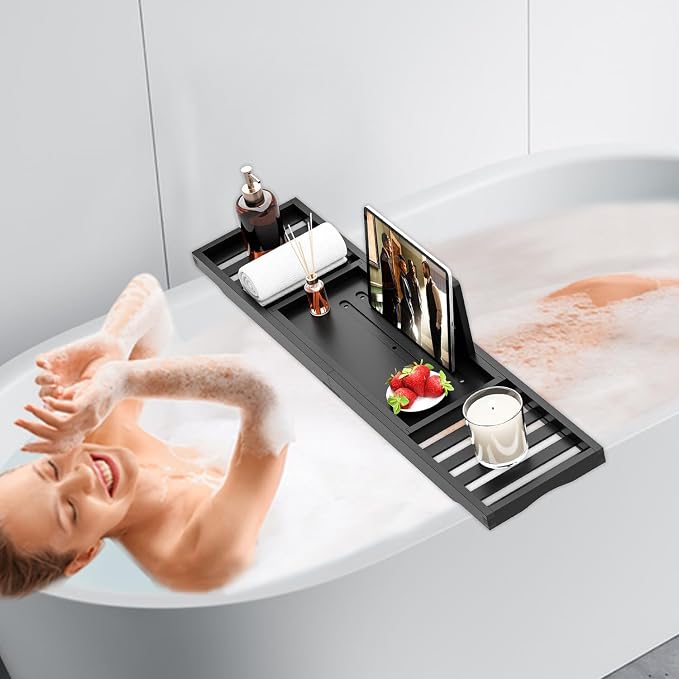 Bathtub Tray Black - Bath Tray Expandable - Bath Table Trays for Bathtub/Tub,Premium Bamboo Wooden, Fits Most Bath Tubs