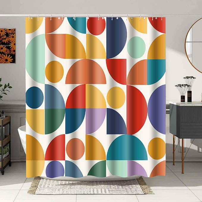 Vintage Colorful Rainbow Mid Century Shower Curtain Modern Abstract Geometric Art Bathroom Curtain Decor 72x78 Inch Washable Fabric Bright Retro Boho Circle Patterned Bath Curtain with 12 Hooks